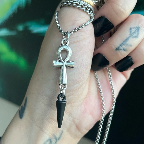 Ankh set dangky black spikes stainless steel chain adjustable boho goth silver - Picture 9 of 12